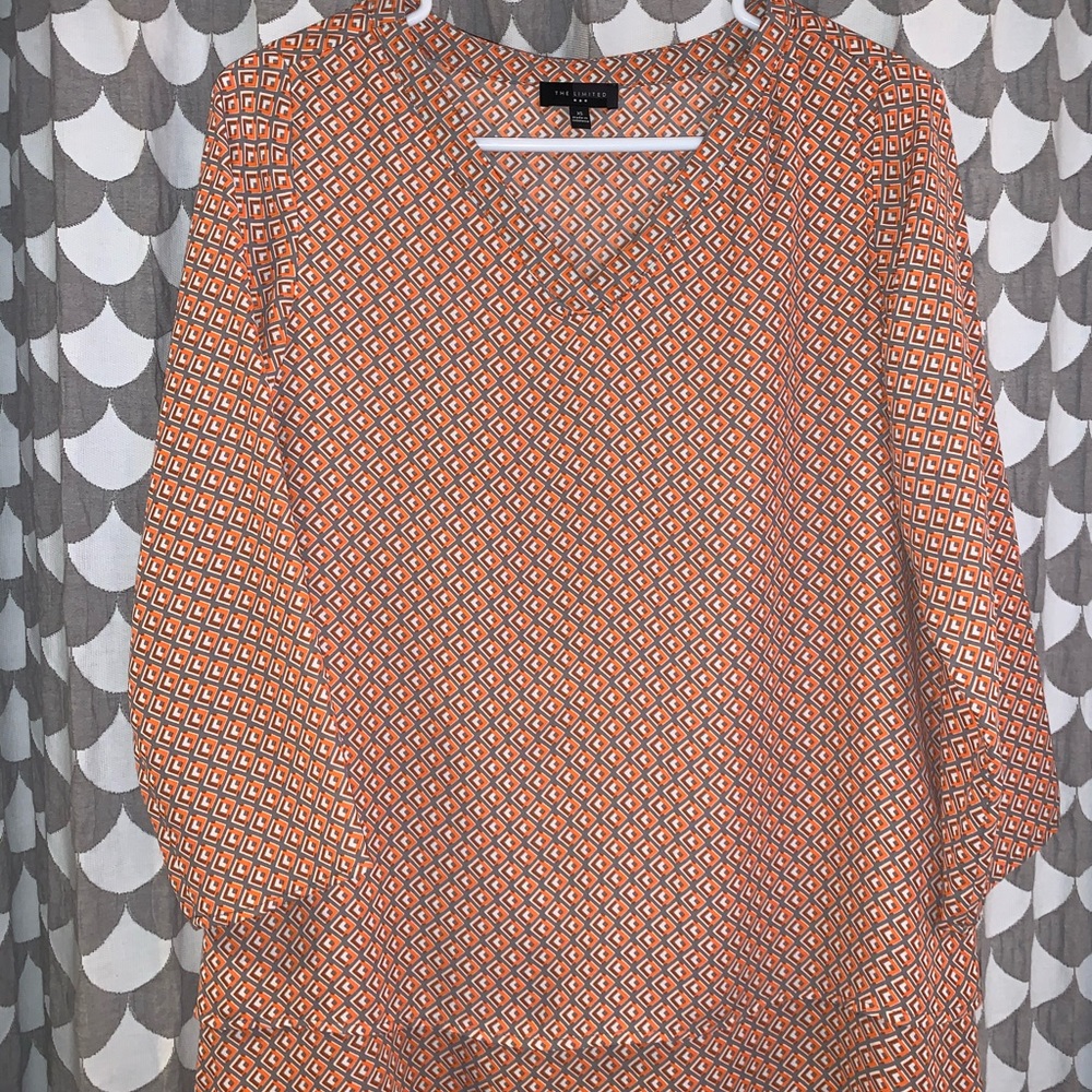 Orange/coral & grey blouse. Flowing material.